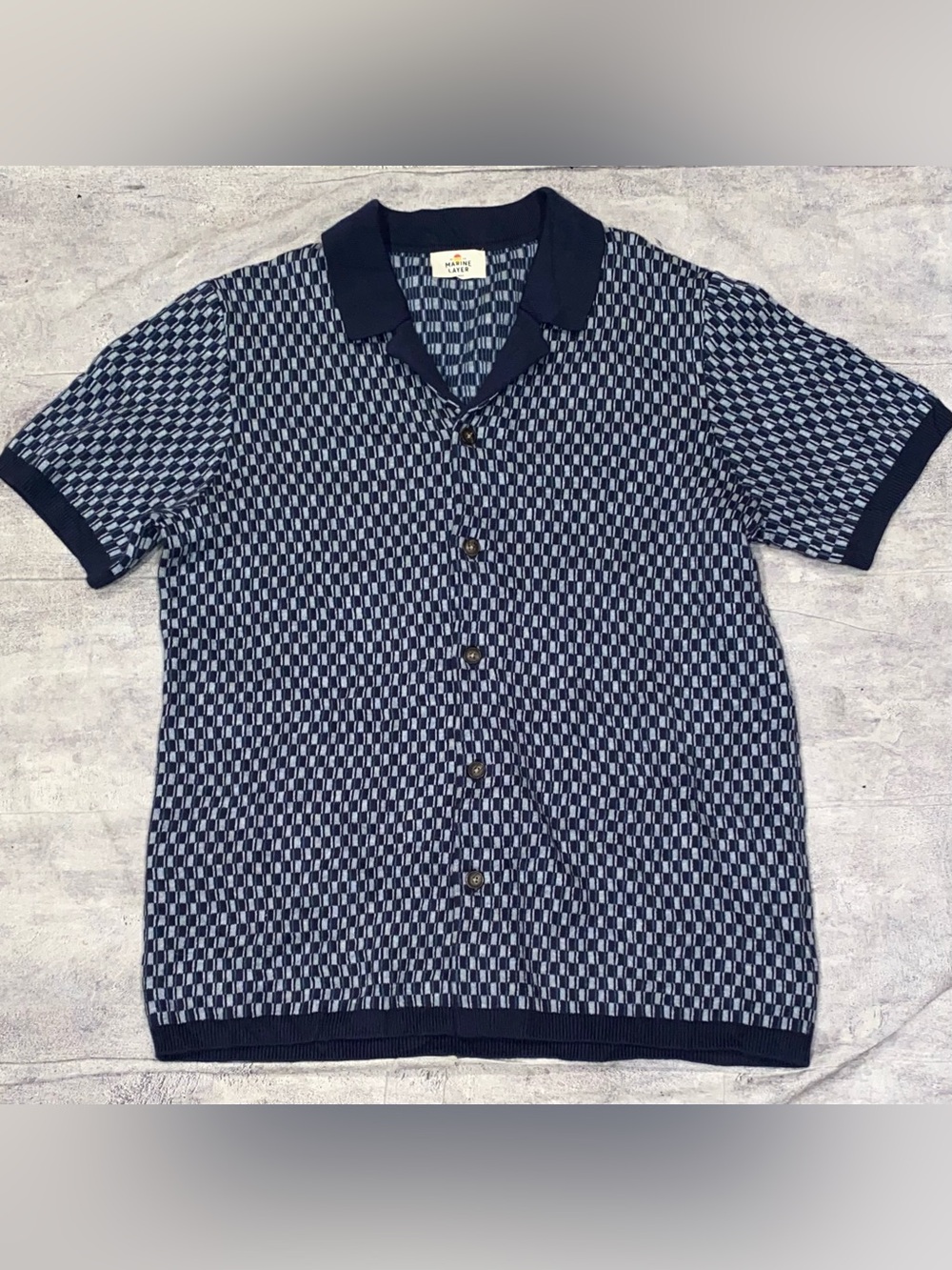 Marine Layer Geo Short Sleeve Heavy Knit Button Down Up Shirt Wool Blend Men’s L